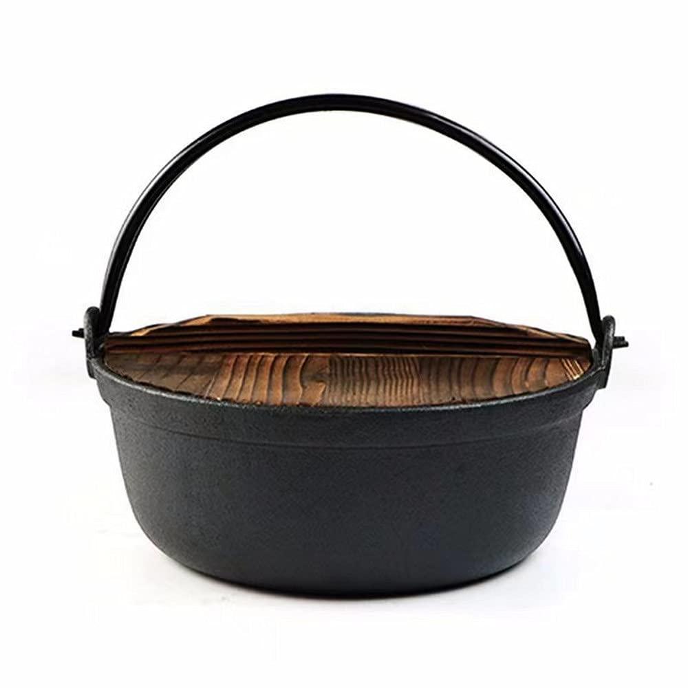 JapanBargain 1804, Japanese Style Cast Iron Shabu Shabu Hot Pot Sukiyaki Nabe with Wooden Lid and Hot Pad, 8.25 inches Diameter - CookCave
