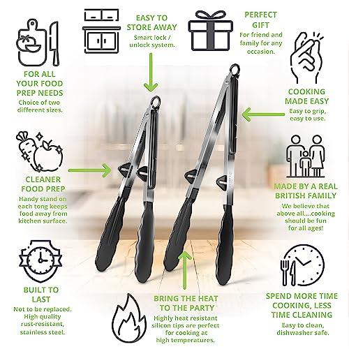 Oliver's Kitchen ® Tongs - 2x Food Safe Silicone Cooking Tongs - Locking Clip for Easy Storage - Great for BBQ - Easy To Use & Grip Kitchen Tongs - Stylish Stainless Steel Design - CookCave