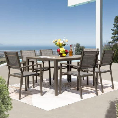 Rankok 7 Piece Patio Dining Set Outdoor Furniture Set with Weather Resistant Table and 6 Stackable Textilene Chairs for Garden, Yard, Garden and Poolside (Gray) - CookCave