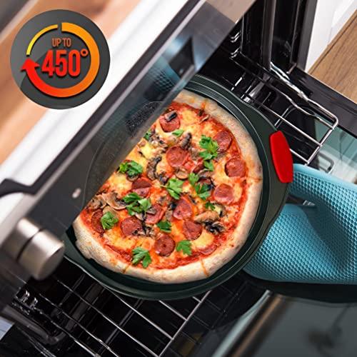 NutriChef Non-Stick Pizza Tray - with Silicone Handle, Round Steel Non-stick Pan with Perforated Holes, Premium Bakeware, Pizza Tray with Silicone and Oversized Handle, Dishwasher Safe - NCBPIZ3 - CookCave