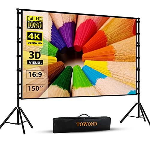 Projector Screen and Stand,Towond 150 inch Indoor Outdoor Projection Screen, Portable 16:9 4K HD Rear Front Movie Screen with Carry Bag Wrinkle-Free Design for Home Theater Backyard Cinema - CookCave