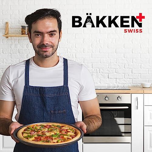 Bakken- Swiss Non-Stick Pizza Pan with Holes - 13-Inch Perforated Pizza Crisper Carbon Steel Pizza Pan - 1 Round Pizza Trays with Silicone Handles PFOA PFOS and PTFE Free - CookCave