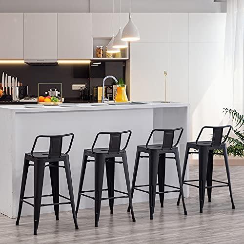 Apeaka 26 inch Metal Bar Stools Set of 4 Modern Counter Height Stools with Backs Low Back Bar Chairs for Indoor Outdoor Matte Black - CookCave