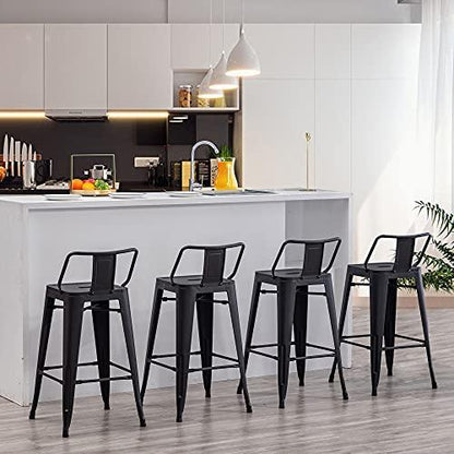 Apeaka 26 inch Metal Bar Stools Set of 4 Modern Counter Height Stools with Backs Low Back Bar Chairs for Indoor Outdoor Matte Black - CookCave