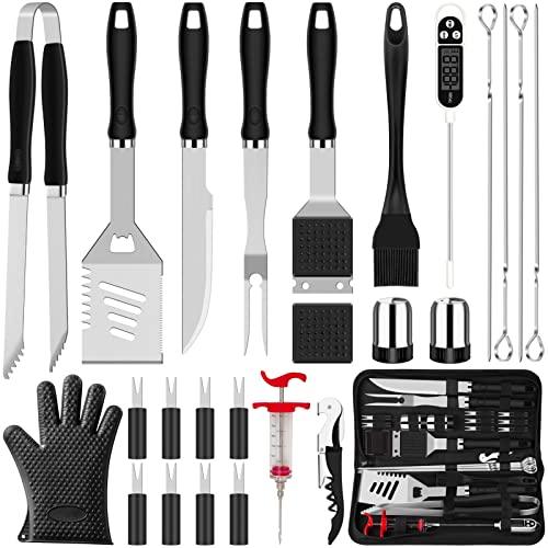 ROMANTICIST 26pcs Grilling Accessories Kit for Men Women, Stainless Steel Heavy Duty BBQ Tools with Glove and Corkscrew, Grill Utensils Set in Portable Canvas Bag for Outdoor,Camping,Backyard,Black - CookCave