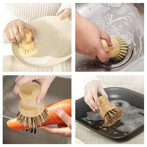 Dish Scrub Brush & Palm Pot Brush. Set of 2- Cleans Pan/Vegetable/Dishes/Wok, Made Out of Hard Palm & Soft Sisal Bristles with a Rubberwood Handle | Natural Bristle | Eco-Friendly - CookCave