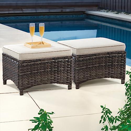 MeetLeisure Outdoor Ottomans for Patio Set of 2 PE Wicker Steel Frame Outdoor Footstool with Removable Olefin Cushions for Patio, Backyard and Deck, Beige - CookCave