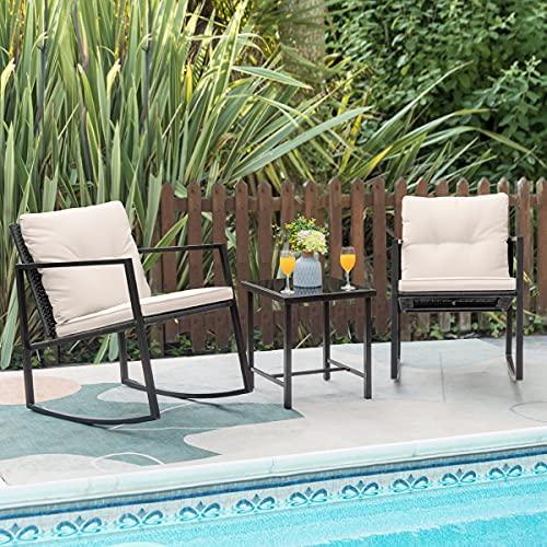 Greesum 3 Pieces Rocking Wicker Bistro Set, Patio Outdoor Furniture Conversation Sets with Porch Chairs and Glass Coffee Table, Beige - CookCave