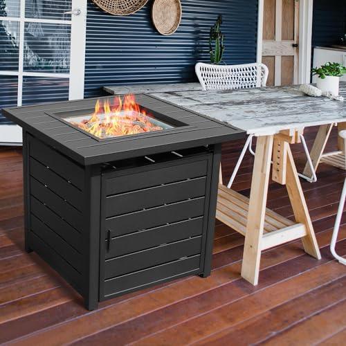 OutVue 28 inch Propane Fire Pit Table, Outdoor Gas Fire Pits with Lid & Lava Rock, 50000 BTU Firepit for Dinning, Party in Outside, Patio, Garden or Yard (Black) - CookCave