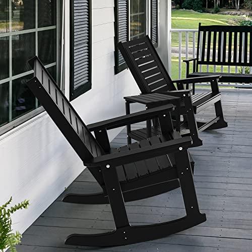 GREENVINES Outdoor Rocking Chairs Set of 2, HDPE All-Weather Porch Rockers, Oversized Plastic Rocker w/High Back for Outside Indoor Living Room Backyard Balcony Garden, Support 400 lbs, Black - CookCave