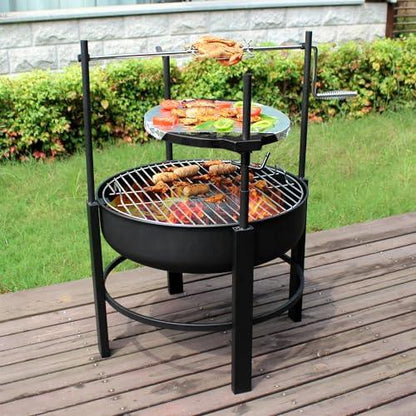 OutVue 26 inch Fire Pit with 2 Grills & 1 Rotisserie Kit, Wood Burning Fire Pits for Outside with Poker & Round Waterproof Cover, BBQ& Outdoor Firepit 2 in 1 for Patio, Picnic, Party - CookCave