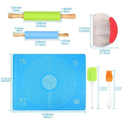 Ewinever 1Set Rolling Pin Pastry Mat Set Non-Stick 6 in 1 Dough Roller Baking Kit with Pastry Cutter Reusable Kneading Mat Scraper Basting Brush - CookCave