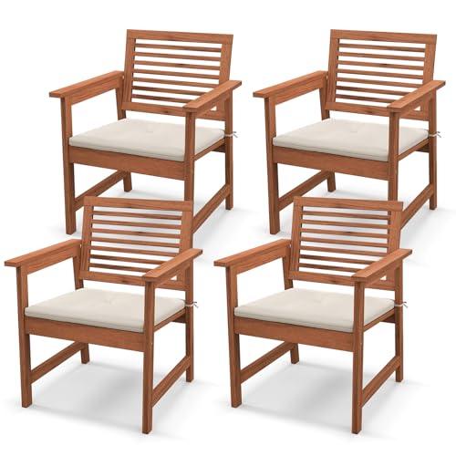 Tangkula Outdoor Dining Chairs Set of 4, Weather-Resistant Heavy Duty Slatted Wood Patio Chairs with Soft Padded Cushions, for Deck, Garden, Poolside, Balcony (4, Off White) - CookCave