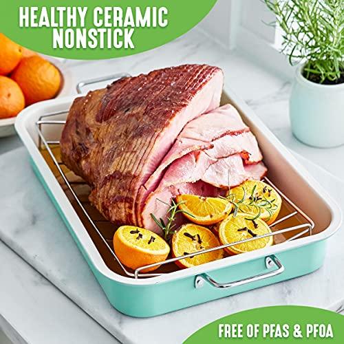 GreenLife Soft Grip Healthy Ceramic Nonstick, 16.5" x 12" Roasting Pan with Stainless Steel Roaster Rack, PFAS-Free, Dishwasher Safe, Turquoise - CookCave