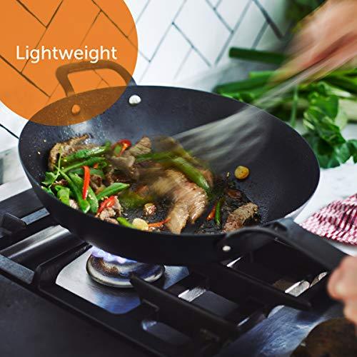 BK Pre-Seasoned Black Steel Carbon Steel Induction Compatible 12" Wok, Oven and Broiler Safe to 660F, Durable and Professional, Black - CookCave