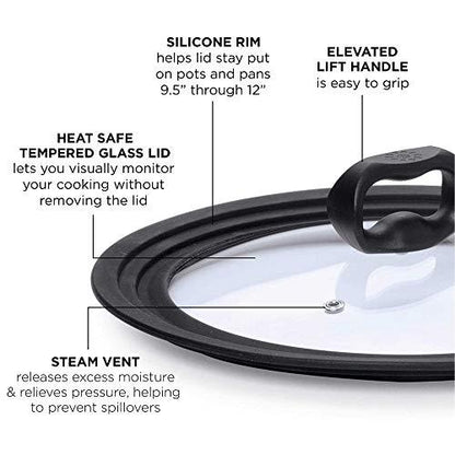 Ecolution Universal Lid for Pots and Pans, Fits 9.5-Inch to 12-Inch Cookware, Tempered Glass Replacement Lid with Heat Resistant Silicone Edge, Dishwasher Safe, Made without BPA, Large, Black - CookCave