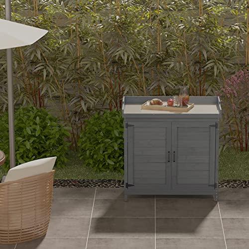 GOOD LIFE USA Outdoor Garden Patio Wooden Storage Cabinet Furniture Waterproof Tool Shed with Potting Benches Outdoor Work Station Table (Gray) - CookCave