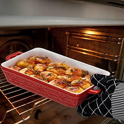 Hacaroa 3 Pack Ceramic Baking Dishes, Rectangular Bakeware with Handles, Elegant Casserole Dish Set Lasagna Pan, Baking Pans Set for Oven, Cooking, Banquet and Daily Use, Red, 3 Sizes - CookCave