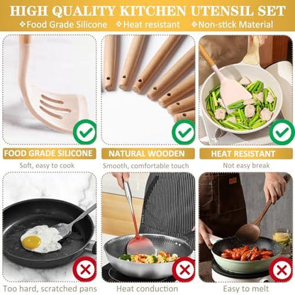 Silicone Cooking Utensils Set, 43Pcs Non-Stick Heat Resistant Kitchen Utensils Spatula Set with Wooden Handle for Baking, Cooking, and Mixing, Best Kitchen Gadgets Tools with Holder (Khaki) - CookCave