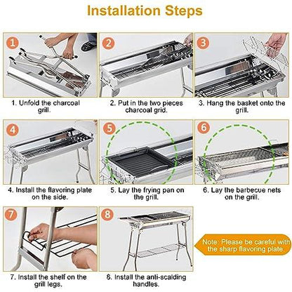 TeqHome Portable Charcoal Grill, Upgraded Folding Large Barbecue Charcoal Grill W/Board Shelf & Flavoring Storage Basket, Stainless Steel Frame, for 8 People Picnic Garden Terrace Camping Travel Use - CookCave