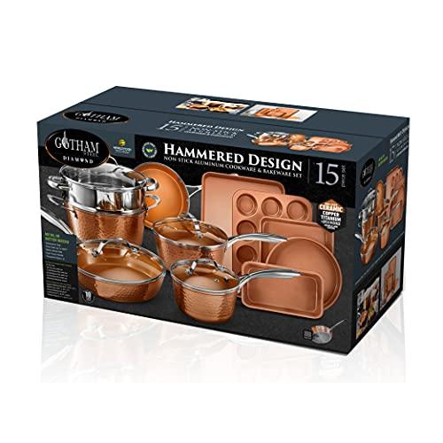 Gotham Steel Hammered 15 Pc Ceramic Pots and Pans Set Non Stick Cookware Set, Kitchen Cookware Sets, Ceramic Cookware Set with Non Toxic Cookware, Copper Pot and Pan Set, Oven & Dishwasher Safe - CookCave