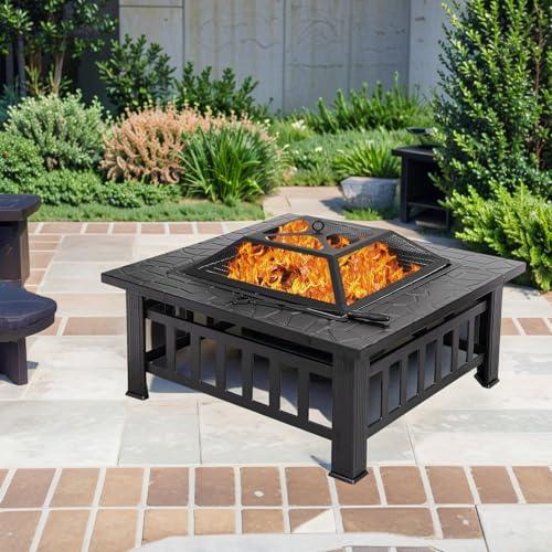 32" Square Outdoor Fire Pit Table Multiuse Patio BBQ Firepit with Steel Fire Poker and Cover for Camping, Outdoor Heating, Outside Wood Burning and Picnic, Black - CookCave