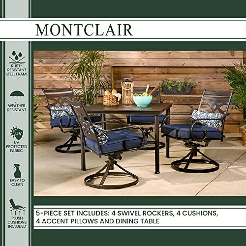 Hanover Montclair 5-Piece Patio Dining Set with 4 Swivel Chairs, Navy Blue Cushions and 40" Square Table, Modern Outdoor Dining Set for 4, Premium All-Weather Patio Furniture for Backyard & Deck - CookCave