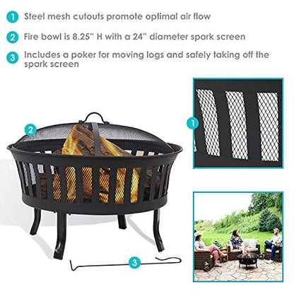 Sunnydaze 25-Inch Steel Wood-Burning Fire Pit with Mesh Stripe Cutouts - Includes Poker and Spark Screen - CookCave