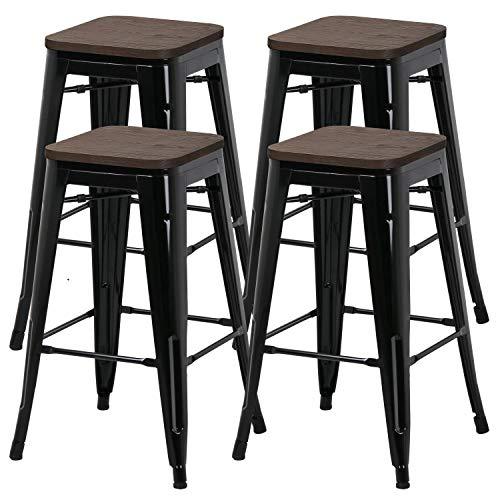 Yaheetech 26inch barstools Set of 4 Counter Height Metal Bar Stools, Indoor Outdoor Stackable Bartool Industrial with Wood Seat 331Lb, Black - CookCave