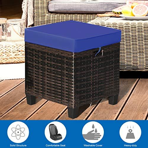 Tangkula 2 Pieces Outdoor Patio Ottoman, All Weather Rattan Wicker Ottoman Seat, Patio Rattan Furniture, Outdoor Footstool Footrest Seat w/Removable Cushions (Navy Blue) - CookCave