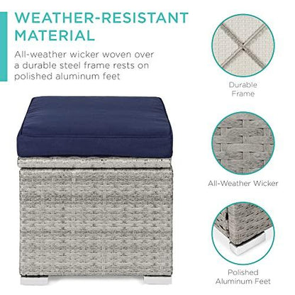 Best Choice Products Set of 2 Wicker Ottomans, Multipurpose Outdoor Furniture for Patio, Backyard, Additional Seating, Footrest, Side Table w/Storage, Removable Cushions - Gray/Navy - CookCave