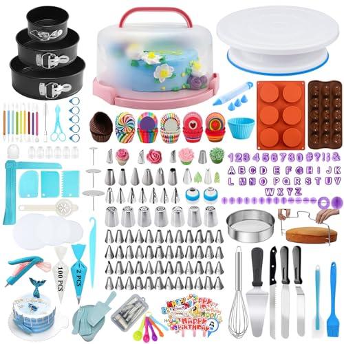 Gawren-H&E Cake Decorating Kit with Cake Carrier,678 PCS Cake Decorating Supplies Kit with 3 Springform Pans,Piping Bags and 74 Piping Tips,Chocolate Mold,Turntable - Baking Supplies Kit Set - CookCave