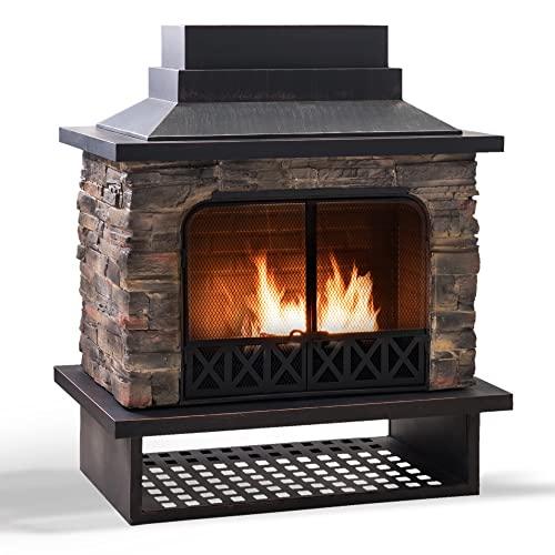 Sunjoy Outdoor Fireplace, Heavy Duty Patio Wood Burning Fireplace with Steel Chimney, Mesh Spark Screen Doors, Removable Grate and Fire Poker, Black - CookCave