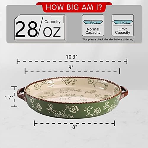 AVLA 2 Pack Ceramic Pie Pan, 9 Inch Round Baking Dish with Double Handle, 28 Ounce Deep Quiche Plate for Kitchen, Cooking, Roasting Lasagna (Sakura, Green) - CookCave