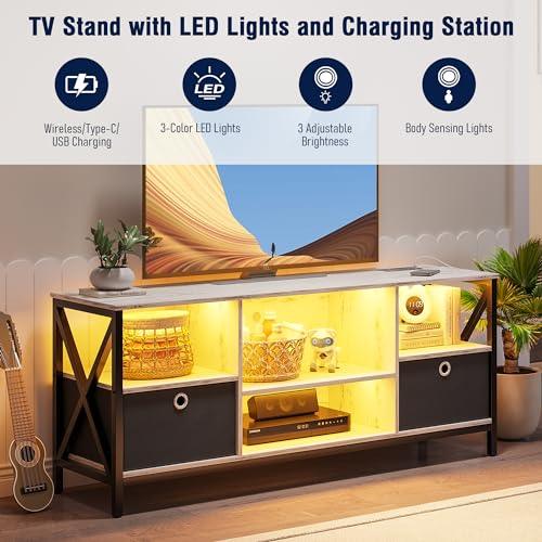 OUTDOOR DOIT LED TV Stand for TV up to 65 Inch, Entertainment Center with Body Sensor 3-Color Light & Charging Station, TV Console Cabinet with 6 Open Shelves and 2 Removable Drawers (White) - CookCave