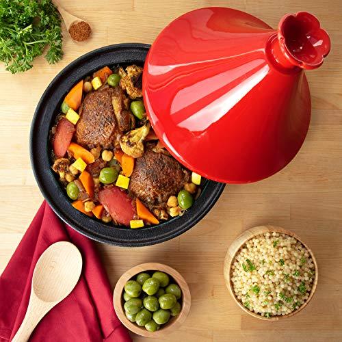 Tagine Moroccan Cast Iron 4 qt Cooker Pot with Recipe Book, Caribbean One-Pot Tajine Cooking, Enameled Ceramic Lid- 500 F Oven Safe Dish w Large Capacity, Cone Shaped Lid, Cookware Gift - CookCave