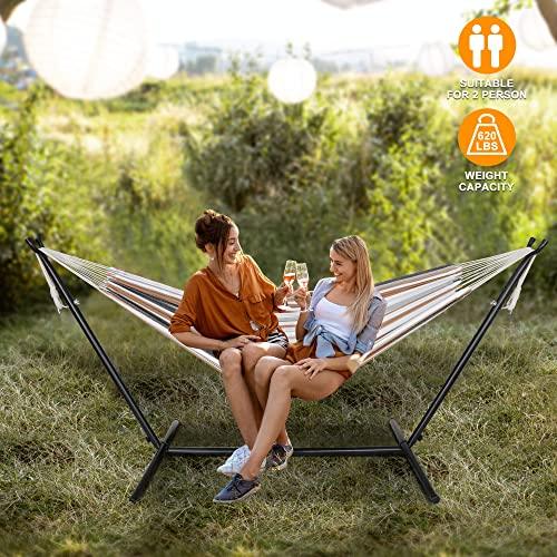 SUPER DEAL Portable Hammock with 9FT Space Saving Steel Stand Set, 620lb Capacity Double Brazilian Style 2 Person Hammock Bed with Carrying Case for Camping Garden Backyard Patio Indoor Outdoor - CookCave