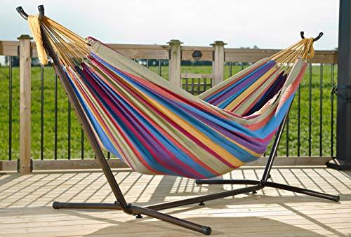 Vivere Double Cotton Hammock with Space Saving Steel Stand, Tropical (450 lb Capacity - Premium Carry Bag Included) - CookCave