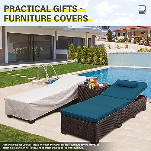 Outdoor PE Wicker Chaise Lounge Set, Patio Lounge Chairs, Outside Poolside Lounger Furniture Set of 3, Brown Rattan Recliners with Adjustable Backrest, Peacock Blue Cushions, and Storage Table - CookCave