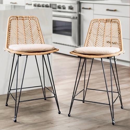 Idzo 400lbs Capacity Rattan Counter Height Bar Stools, 36.5 Inches Height Outdoor Counter Stools Set of 2 with Comfort Cushion, Solid Steel Frame & Durable Power Coating, Easy Assembly - CookCave