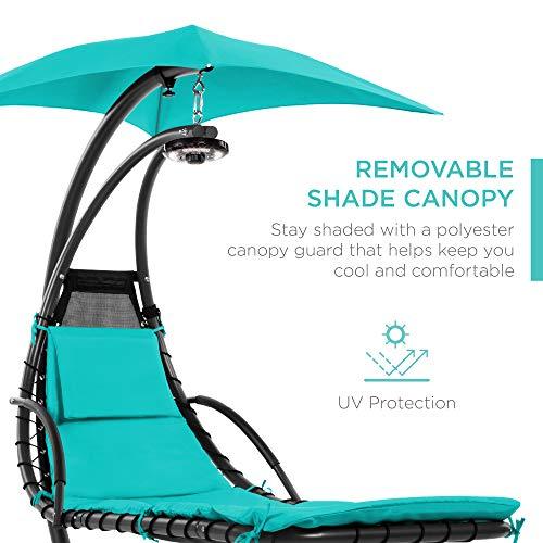 Best Choice Products Hanging LED-Lit Curved Chaise Lounge Chair Swing for Backyard, Patio, Lawn w/ 3 Light Settings, Weather-Resistant Pillow, Removable Canopy Shade, Steel Stand - Teal - CookCave