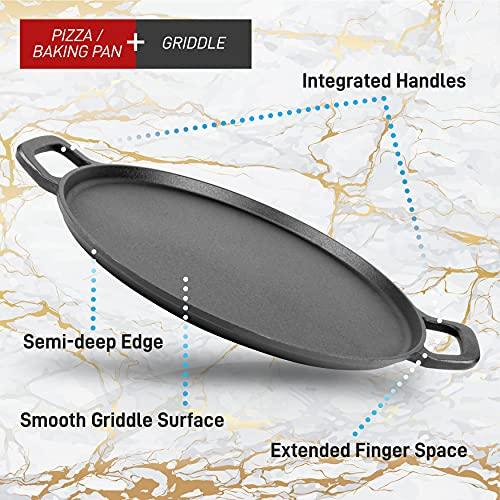 NutriChef 14" Cast Iron Baking Pan Steel Pizza W/Easy Grip Gas, Electric, Glass, Induction Cooker, Oven, & Grill/Campfire-2 Silicone Handles, avarage, Black - CookCave