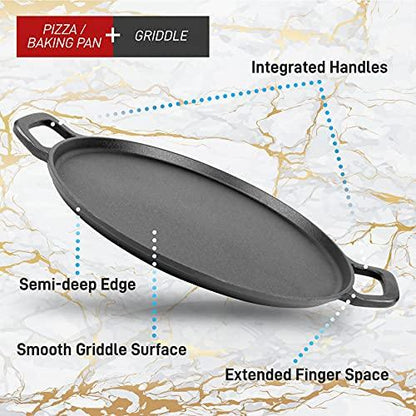 NutriChef 14" Cast Iron Baking Pan Steel Pizza W/Easy Grip Gas, Electric, Glass, Induction Cooker, Oven, & Grill/Campfire-2 Silicone Handles, avarage, Black - CookCave