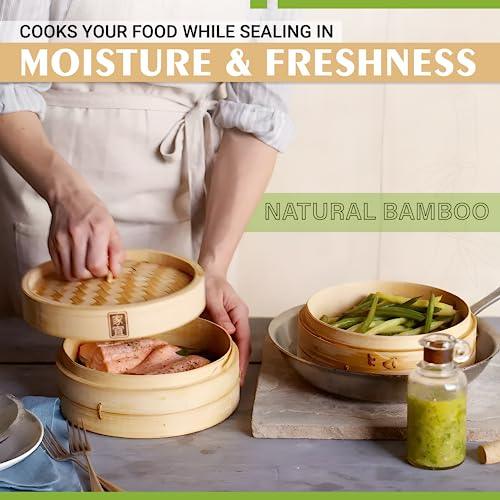 Zoie + Chloe Bamboo Steamer Basket - 2-Tier Dumpling Steamer for Cooking with 2 Reusable Cotton Liners for Bao, Dim Sum, Veggies, Asian Steamed Buns -Stackable, Space-Efficient - 8-Inch Steam Basket - CookCave