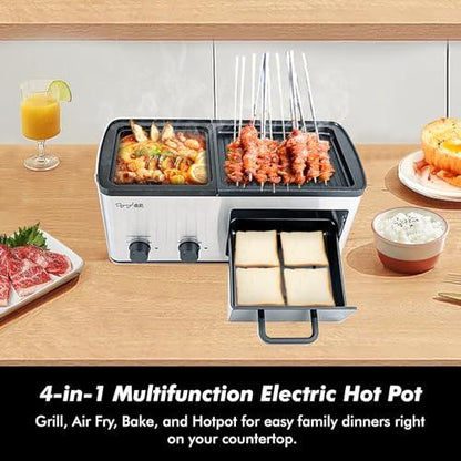 4 in 1 Breakfast Maker Station with Indoor Grill/Griddle/Toast Drawer/Frying Basket, Removable Nonstick Plates, Dual Temperature Control, Silver - CookCave