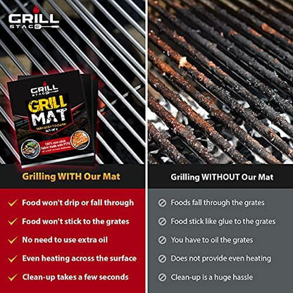 Reusable Heavy Duty Grilling Mat Set - BBQ Mats For Grilling Prevent Food From Sticking & Falling In Between The Grates - Easy To Clean Durable 500 Degree Nonstick Grill Mat - Set Of 2 - CookCave