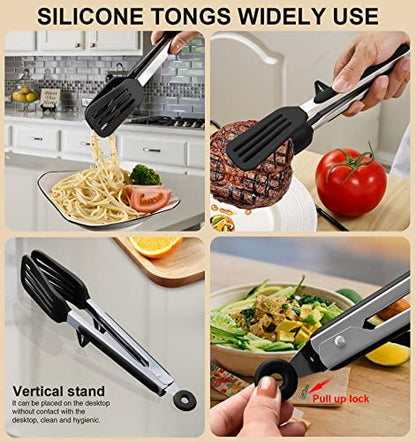4PCS Flexible Silicone Spatula Turner Set and Kitchen Food Tongs with Silicone Tips, 600F Heat Resistant, Ideal for Flipping Eggs, Fish, Burgers, Pancake and Strong Grip on Salads, Pasta, Steaks, BBQ - CookCave