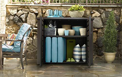 Rubbermaid Extra Large Decorative Patio Storage Cabinet, Weather Resistant, 123 Gal., Dark Teakwood, for Garden/Backyard/Home/Pool - CookCave