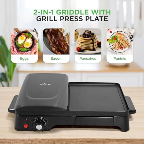 Nutrichef 3-in-1 Grill, Griddle, & Panini Press - Nonstick Coating, Temperature Control - Multiuse Countertop Sandwich Maker - Removable Drip Tray - 1500W - Compact Griddle - 20.3 x 12.5 x 5.3 - CookCave