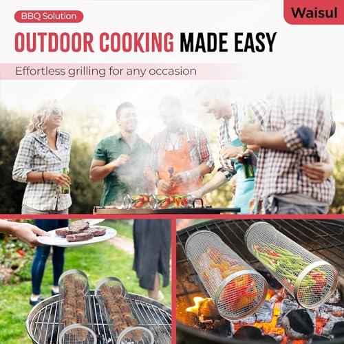 Rolling Grilling Basket, Grill Basket, 2 PCS Cylinder Stainless Steel Large Round Barbecue Baskets, Portable Outdoor Camping BBQ Net Tube for Veggies, Fish, Vegetables, Grill Accessories Gifts for Men - CookCave